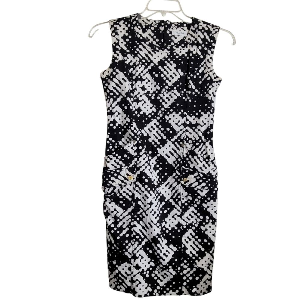 Vintage Calvin Klein Dress Size S Black White Front Pockets Y2K Retro 98% Cotton